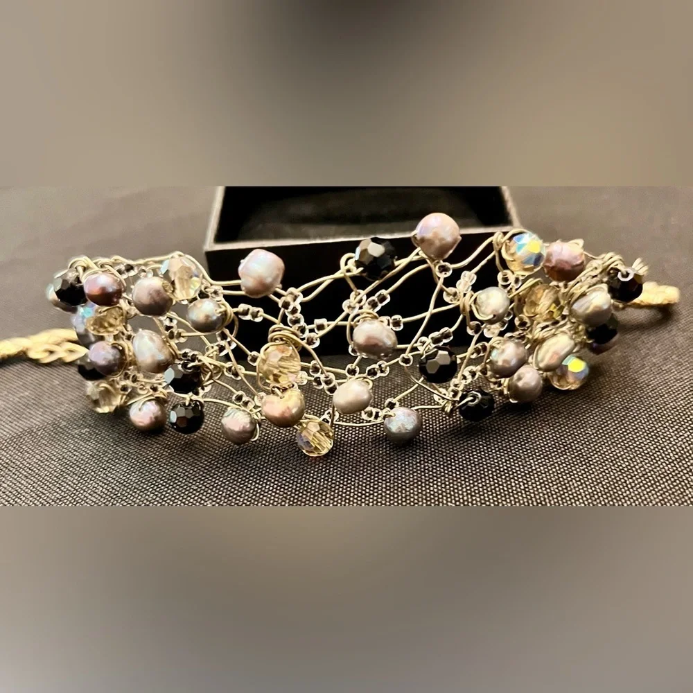 Vintage Handmade Wire Wrapped Bracelet Freshwater Pearl Aurora Borealis Bead Art